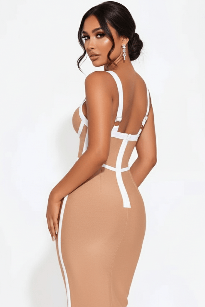 Elara Deep V Bandage Midi Dress by Shine | Party dresses from Luxe Lane | SKU:  | Barcode:  | Options: Skin color XS | Elara Deep V Bandage Midi Dress
