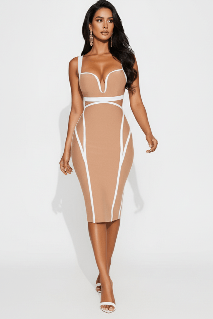 Elara Deep V Bandage Midi Dress by Shine | Party dresses from Luxe Lane | SKU:  | Barcode:  | Options: Skin color XS | Elara Deep V Bandage Midi Dress