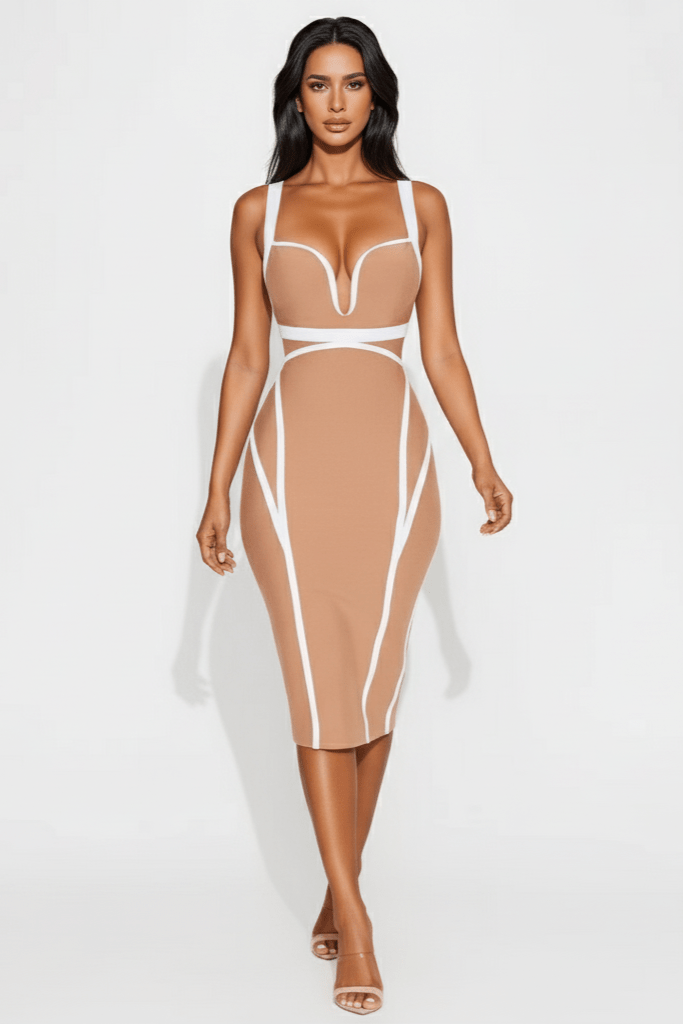 Elara Deep V Bandage Midi Dress by Shine | Party dresses from Luxe Lane | SKU:  | Barcode:  | Options: Skin color XS | Elara Deep V Bandage Midi Dress