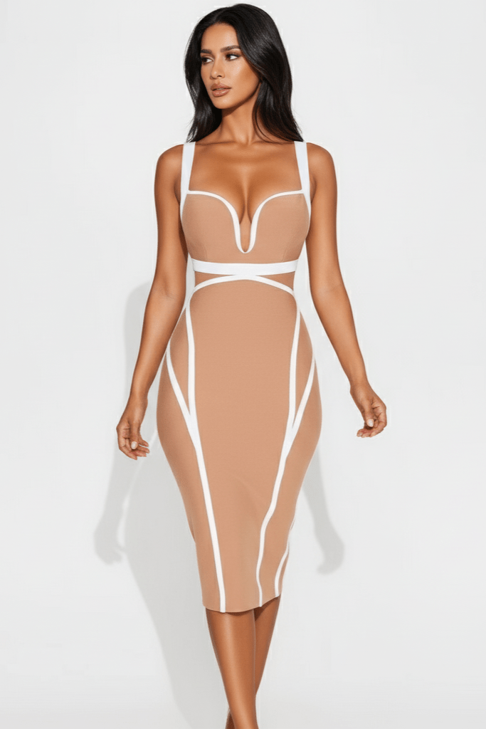 Elara Deep V Bandage Midi Dress by Shine | Party dresses from Luxe Lane | SKU:  | Barcode:  | Options: Skin color XS | Elara Deep V Bandage Midi Dress