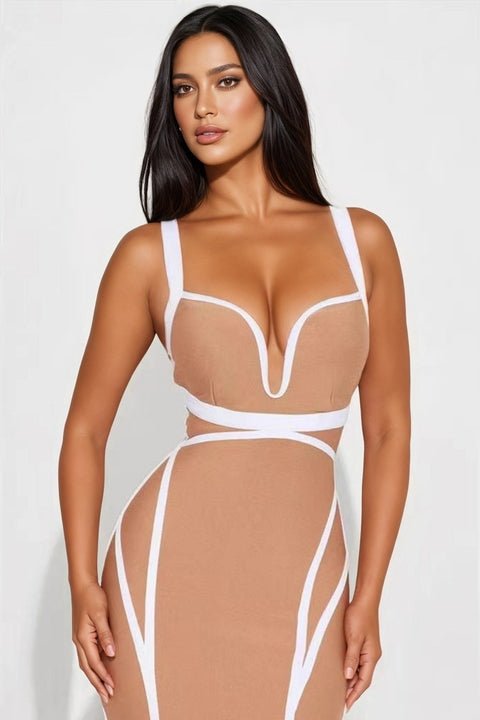 Elara Deep V Bandage Midi Dress by Shine | Party dresses from Luxe Lane | SKU:  | Barcode:  | Options: Skin color XS | Wholesale Womens Party Wear Nude Contrast Trim Bodycon Evening Club Dresses Deep V Neck Sleeveless Women Bandage Midi Dress