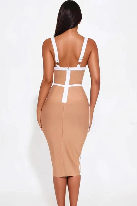 Elara Deep V Bandage Midi Dress by Shine | Party dresses from Luxe Lane | SKU:  | Barcode:  | Options: Skin color XS | Wholesale Womens Party Wear Nude Contrast Trim Bodycon Evening Club Dresses Deep V Neck Sleeveless Women Bandage Midi Dress