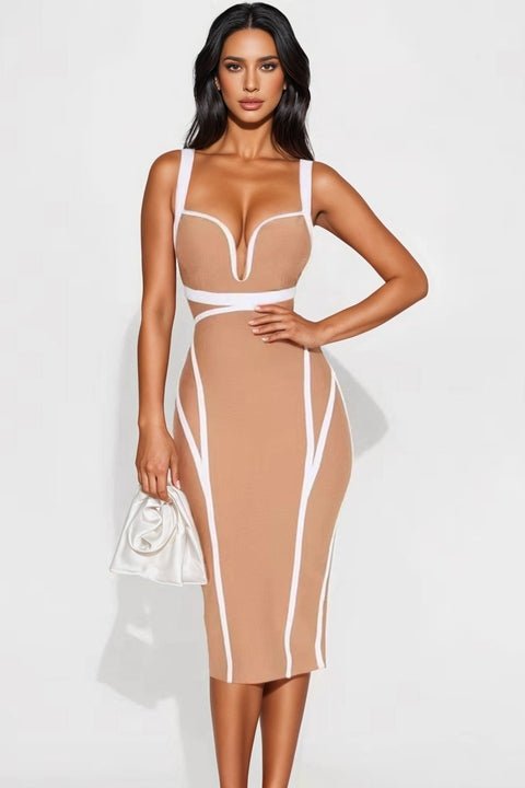 Elara Deep V Bandage Midi Dress by Shine | Party dresses from Luxe Lane | SKU:  | Barcode:  | Options: Skin color XS | Wholesale Womens Party Wear Nude Contrast Trim Bodycon Evening Club Dresses Deep V Neck Sleeveless Women Bandage Midi Dress