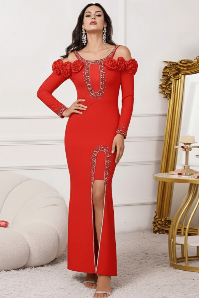 Elara Floral Slit Gown by Shine | Evening Gown from Luxe Lane | SKU: W11242-1 | Barcode:  | Options: Black S(6) | Elara Floral Slit Gown