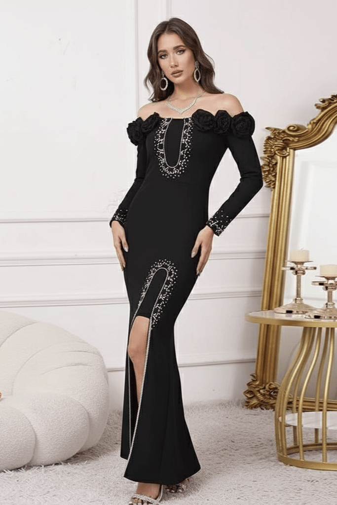 Elara Floral Slit Gown by Shine | Evening Gown from Luxe Lane | SKU: W11242-1 | Barcode:  | Options: Black S(6) | Elara Floral Slit Gown