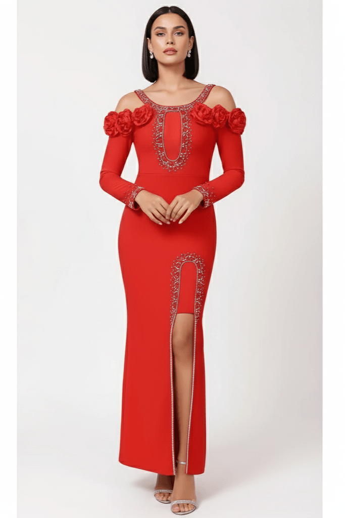 Elara Floral Slit Gown by Shine | Evening Gown from Luxe Lane | SKU: W11242-1 | Barcode:  | Options: Black S(6) | Elara Floral Slit Gown