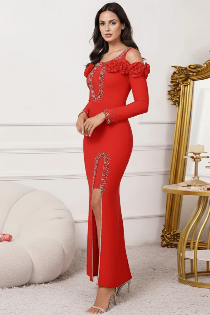 Elara Floral Slit Gown by Shine | Evening Gown from Luxe Lane | SKU: W11242-1 | Barcode:  | Options: Black S(6) | Elara Floral Slit Gown