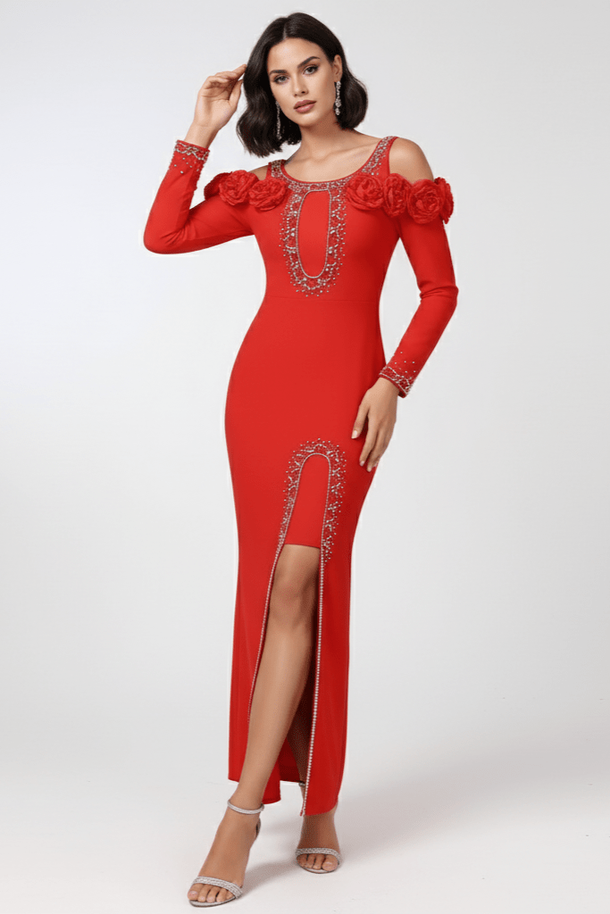 Elara Floral Slit Gown by Shine | Evening Gown from Luxe Lane | SKU: W11242-1 | Barcode:  | Options: Black S(6) | Red dress with floral embellishments on a white background