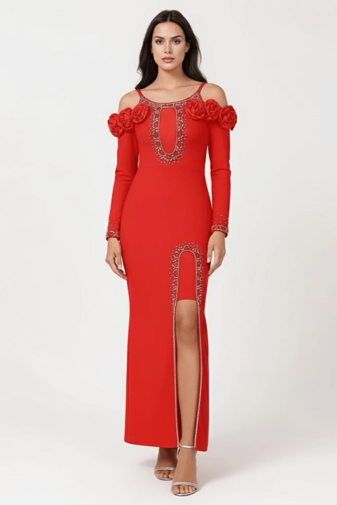 Elara Floral Slit Gown by Shine | Evening Gown from Luxe Lane | SKU: W11242-1 | Barcode:  | Options: Black S(6) | Elara Floral Slit Gown