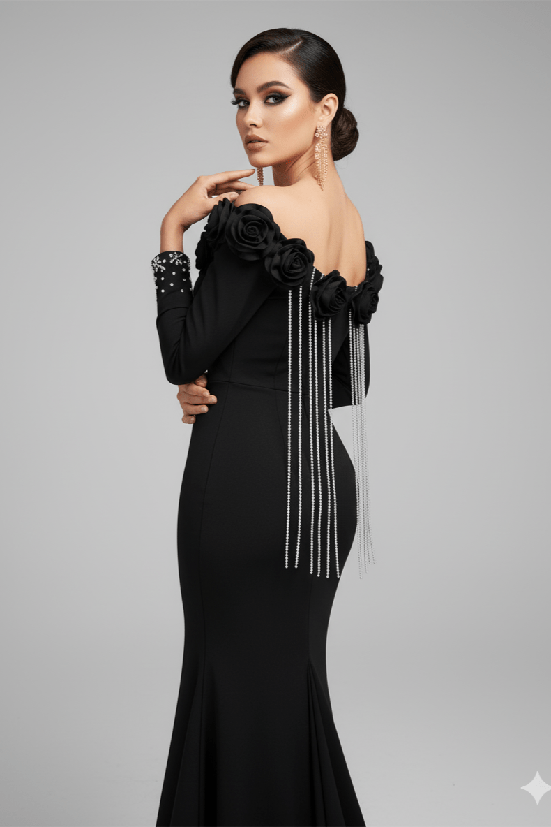 Elara Floral Slit Gown by Shine | Evening Gown from Luxe Lane | SKU: W11242-1 | Barcode:  | Options: Black S(6) | Elara Floral Slit Gown