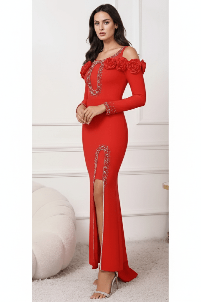 Elara Floral Slit Gown by Shine | Evening Gown from Luxe Lane | SKU: W11242-1 | Barcode:  | Options: Black S(6) | Elara Floral Slit Gown