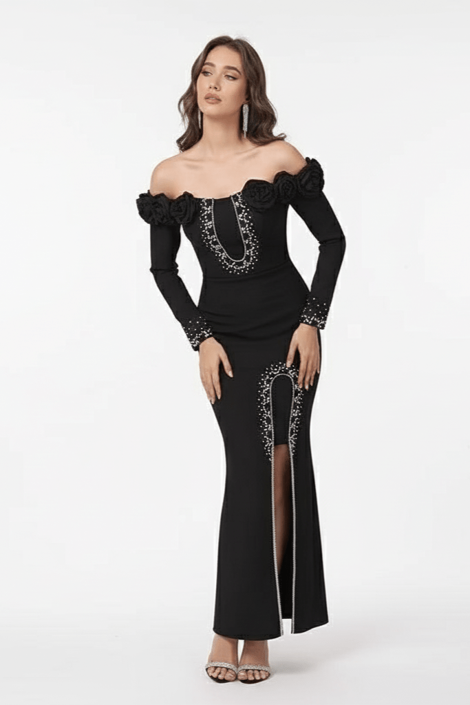 Elara Floral Slit Gown by Shine | Evening Gown from Luxe Lane | SKU: W11242-1 | Barcode:  | Options: Black S(6) | Elara Floral Slit Gown