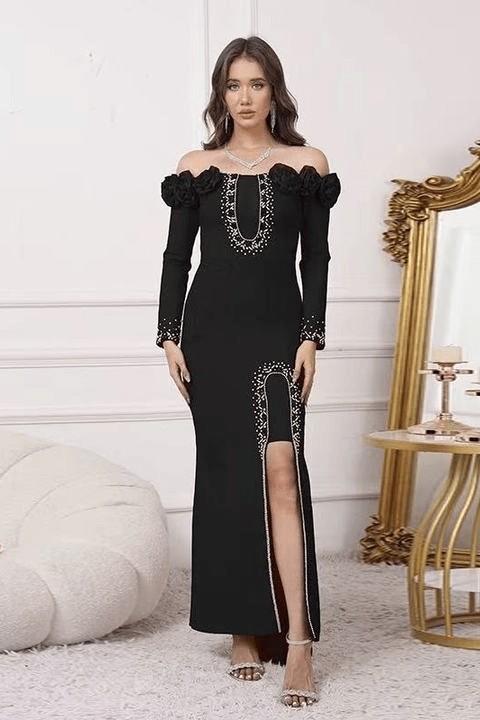 Elara Floral Slit Gown by Shine | Evening Gown from Luxe Lane | SKU: W11242-1 | Barcode:  | Options: Black S(6) | Elegant Red Long Sleeve Off Shoulder Evening Gown Women's Fournisseur Robes Bandage Sexy Slit Formal Party Dress With 3D Floral