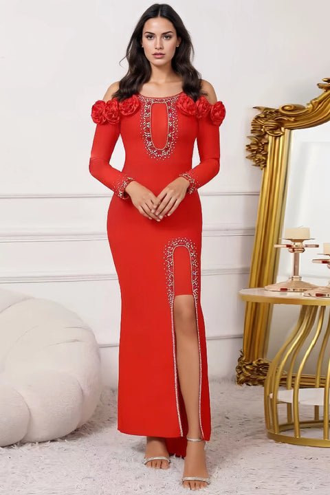 Elara Floral Slit Gown by Shine | Evening Gown from Luxe Lane | SKU: W11242-1 | Barcode:  | Options: Black S(6) | Elegant Red Long Sleeve Off Shoulder Evening Gown Women's Fournisseur Robes Bandage Sexy Slit Formal Party Dress With 3D Floral