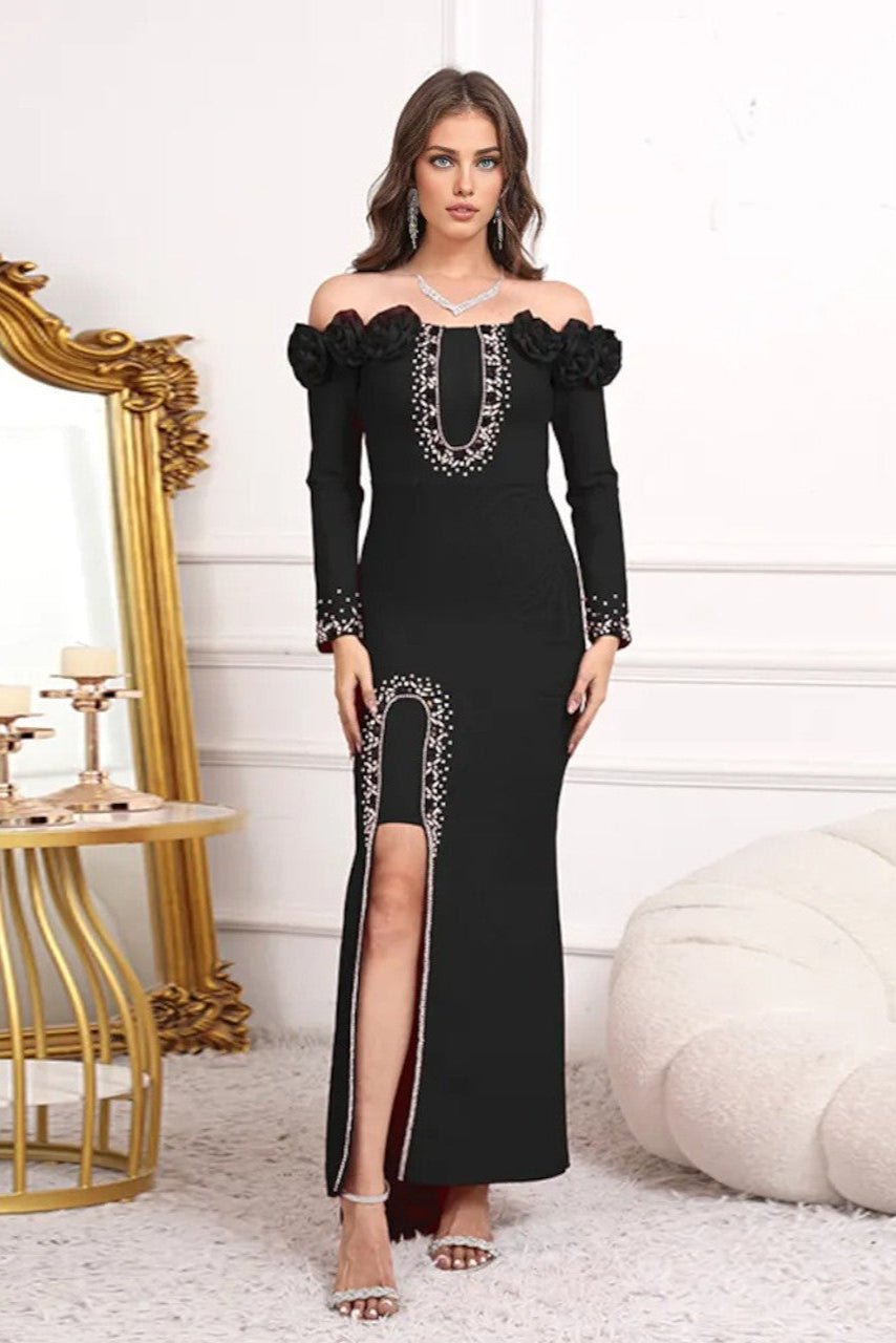 Elara Floral Slit Gown by Shine | Evening Gown from Luxe Lane | SKU: W11242-1 | Barcode:  | Options: Black S(6) | Elara Floral Slit Gown