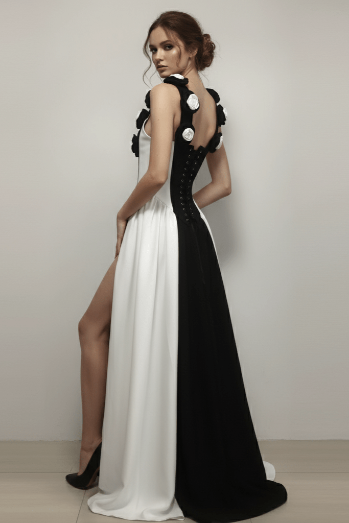 Elara Monochrome Floral Bandage Maxi Gown by Shine | a - line gown from Luxe Lane | SKU:  | Barcode:  | Options: Black white S(6) | Elara Monochrome Floral Bandage Maxi Gown
