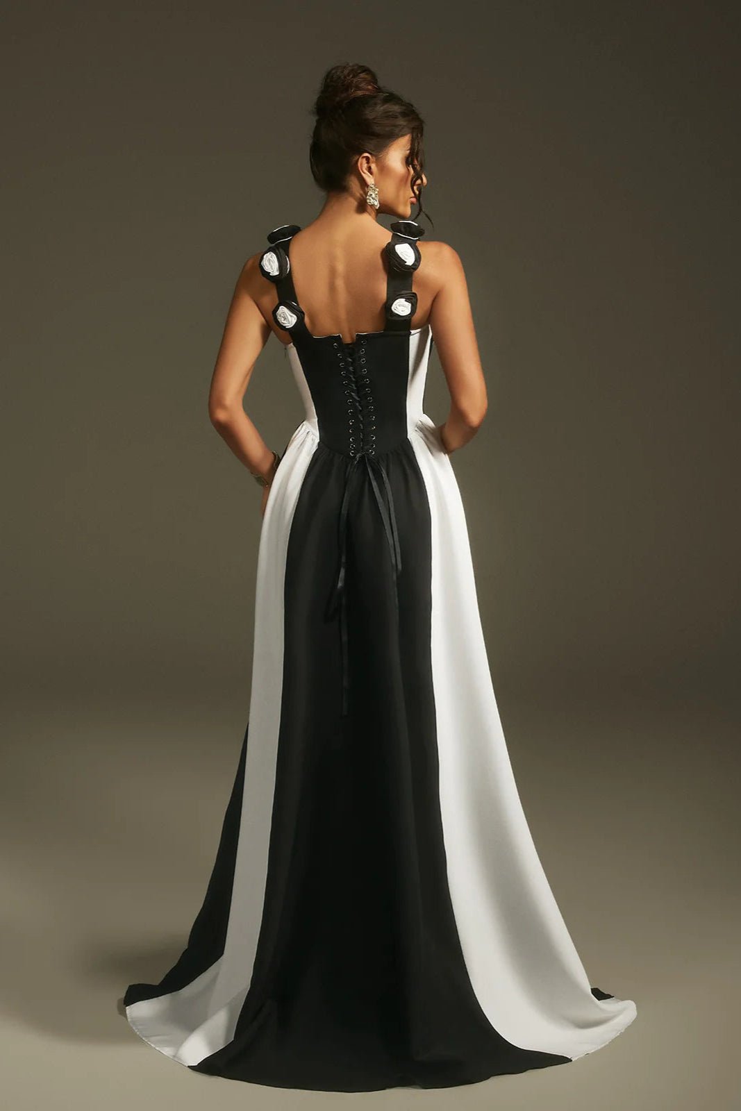 Elara Monochrome Floral Bandage Maxi Gown by Shine | a - line gown from Luxe Lane | SKU:  | Barcode:  | Options: Black white S(6) | Elara Monochrome Floral Bandage Maxi Gown