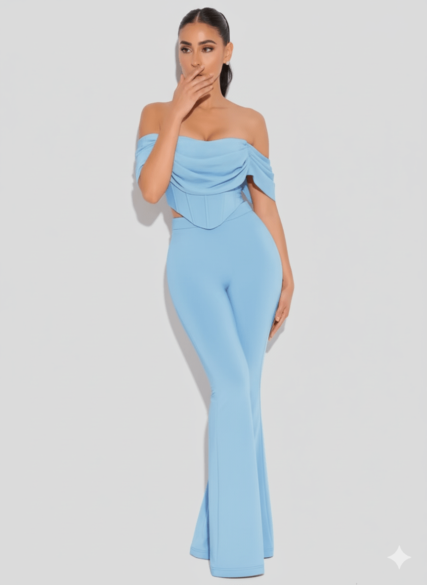 Elara One - Shoulder Pleated Two - Piece Set by Luxe Lane | from Luxe Lane | SKU:  | Barcode:  | Options: Blue XS | Elara One - Shoulder Pleated Two - Piece Set