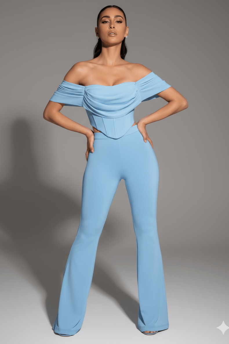 Elara One - Shoulder Pleated Two - Piece Set by Luxe Lane | from Luxe Lane | SKU:  | Barcode:  | Options: Blue XS | Elara One - Shoulder Pleated Two - Piece Set