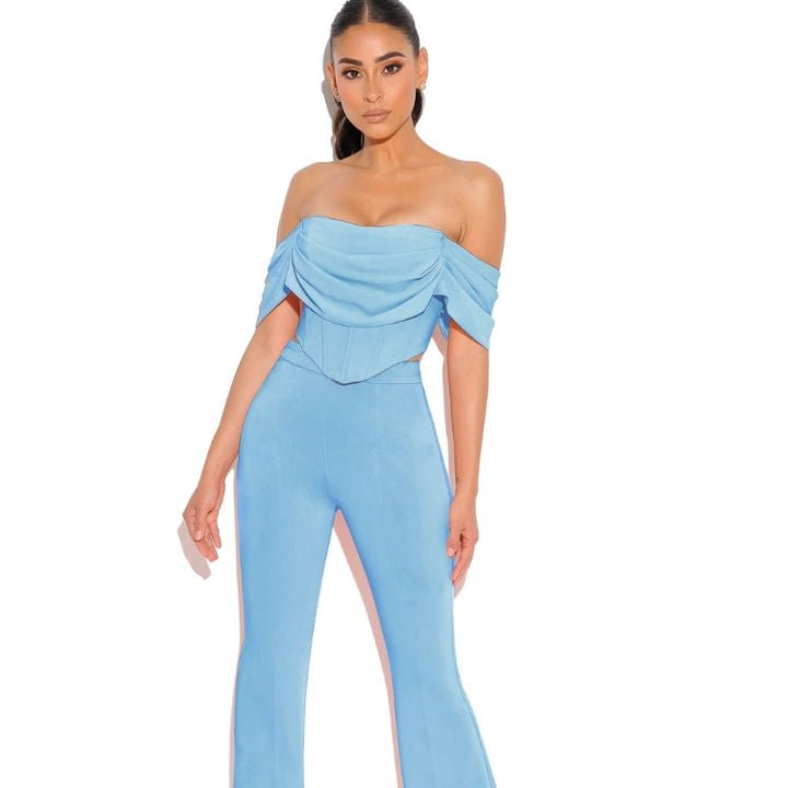 Elara One - Shoulder Pleated Two - Piece Set by Luxe Lane | from Luxe Lane | SKU:  | Barcode:  | Options: Blue XS | Trendy Women Sexy Shoulder Pleated Top Two Piece Set Pants Bandage Suit