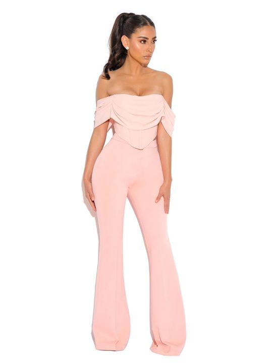 Elara One - Shoulder Pleated Two - Piece Set by Luxe Lane | from Luxe Lane | SKU:  | Barcode:  | Options: Pink XS | Trendy Women Sexy Shoulder Pleated Top Two Piece Set Pants Bandage Suit