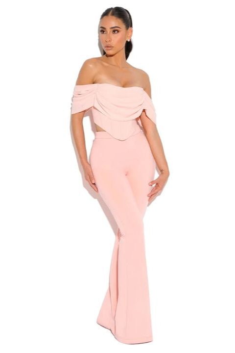 Elara One - Shoulder Pleated Two - Piece Set by Luxe Lane | from Luxe Lane | SKU:  | Barcode:  | Options: Pink XS | Trendy Women Sexy Shoulder Pleated Top Two Piece Set Pants Bandage Suit