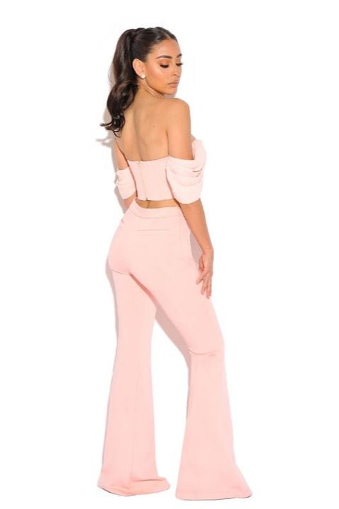 Elara One - Shoulder Pleated Two - Piece Set by Luxe Lane | from Luxe Lane | SKU:  | Barcode:  | Options: Pink XS | Trendy Women Sexy Shoulder Pleated Top Two Piece Set Pants Bandage Suit