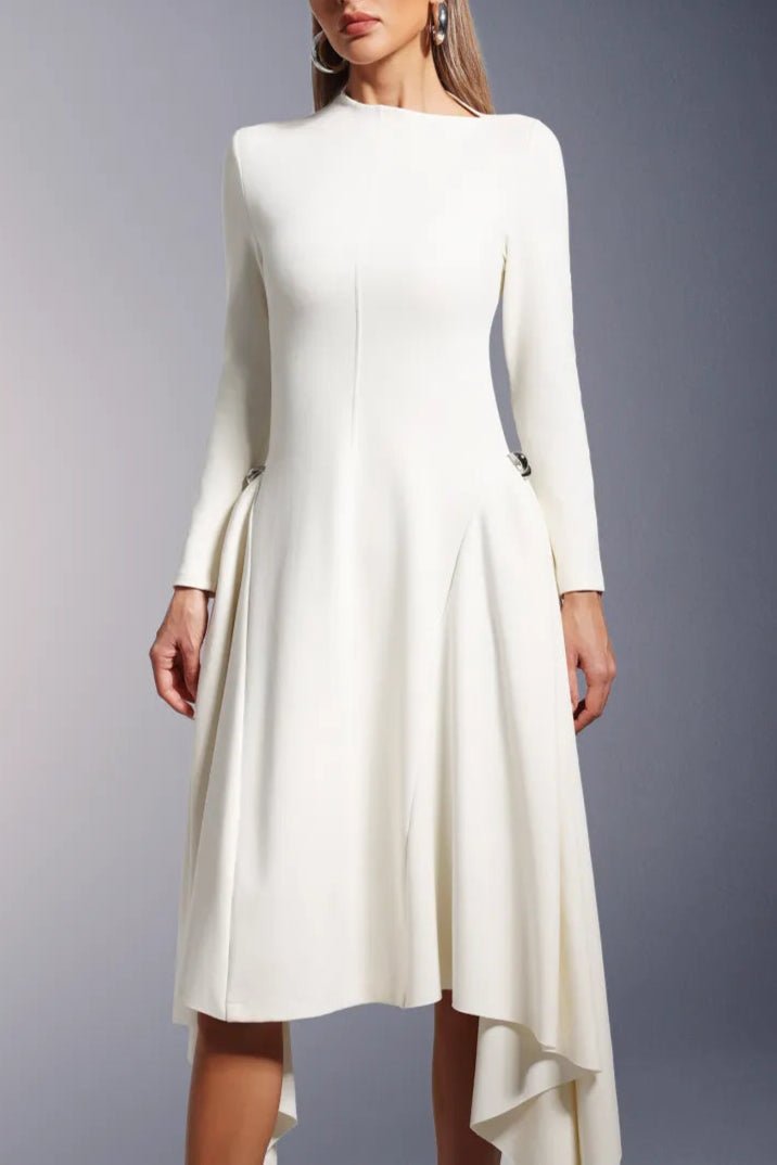 Elara Slanted Collar Ruffle Midi Dress by Luxe Lane | from Luxe Lane | SKU:  | Barcode:  | Options: White S | Woman wearing a white dress against a gray background