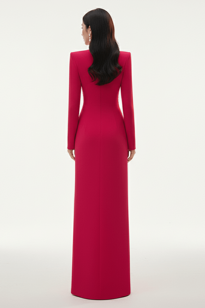 Elaria Beaded Rhinestone Floral Gown by Shine | from Luxe Lane | SKU: W11288-1 | Barcode:  | Options: White S | Woman wearing a long red dress on a white background