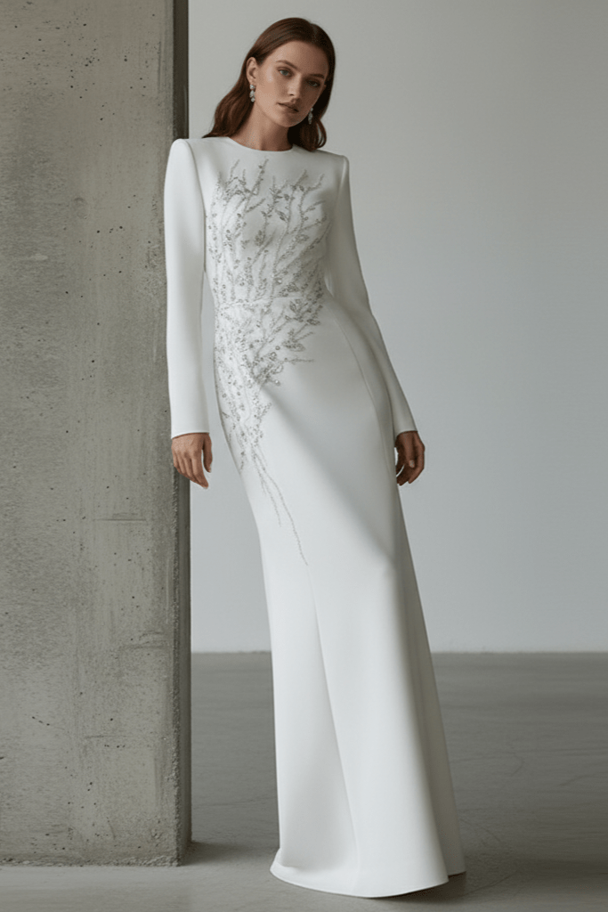 Elaria Beaded Rhinestone Floral Gown by Shine | from Luxe Lane | SKU: W11288-1 | Barcode:  | Options: White S | Woman wearing a white wedding dress with intricate detailing against a neutral background