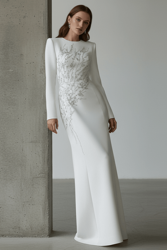 Elaria Beaded Rhinestone Floral Gown by Shine | from Luxe Lane | SKU: W11288-1 | Barcode:  | Options: White S | Woman wearing a white wedding dress with intricate detailing against a neutral background