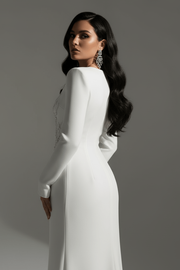 Elaria Beaded Rhinestone Floral Gown by Shine | from Luxe Lane | SKU: W11288-1 | Barcode:  | Options: White S | Woman wearing a white dress against a gray background