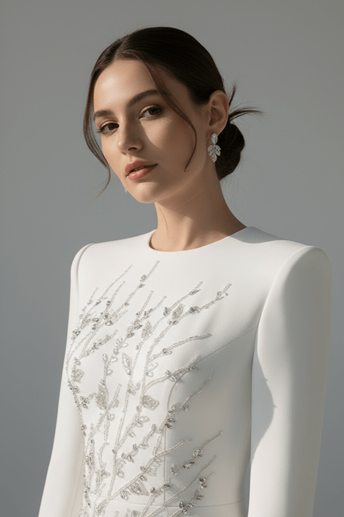 Elaria Beaded Rhinestone Floral Gown by Shine | from Luxe Lane | SKU: W11288-13 | Barcode:  | Options: Blue S | Woman wearing a white dress with intricate detailing on a gray background