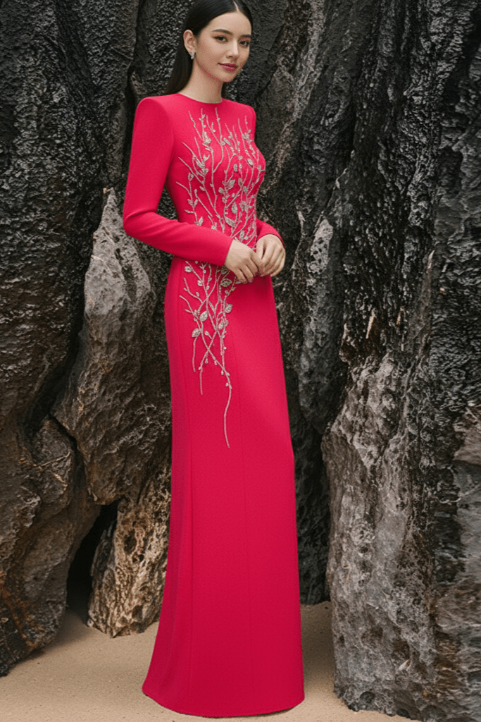 Elaria Beaded Rhinestone Floral Gown by Shine | from Luxe Lane | SKU: W11288-13 | Barcode:  | Options: Blue S | Woman in a long pink dress with intricate detailing standing against a rocky background