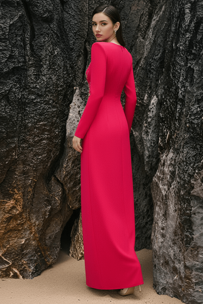 Elaria Beaded Rhinestone Floral Gown by Shine | from Luxe Lane | SKU: W11288-7 | Barcode:  | Options: red S | Woman in a long pink dress standing against a rocky background