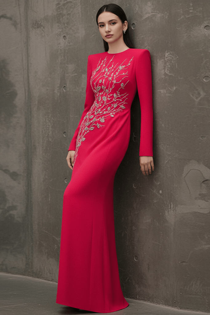 Elaria Beaded Rhinestone Floral Gown by Shine | from Luxe Lane | SKU: W11288-7 | Barcode:  | Options: red S | Woman in a red evening gown with silver embroidery against a textured wall.