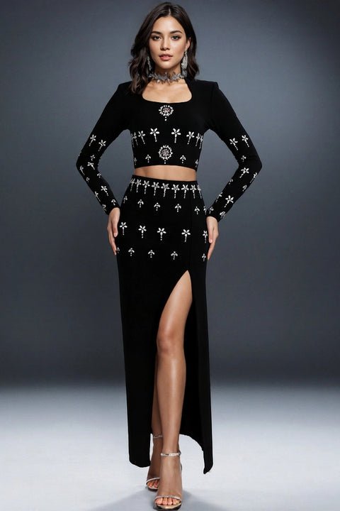 Elaris Black Rhinestone Two - Piece Set by Shine | one set from Luxe Lane | SKU:  | Barcode:  | Options: Black S | Custom Designer Clothes Evening Party Formal Wear Rhinestone Black Long Sleeve Tops and Maxi Skirt Sets Women 2 Piece Outfits