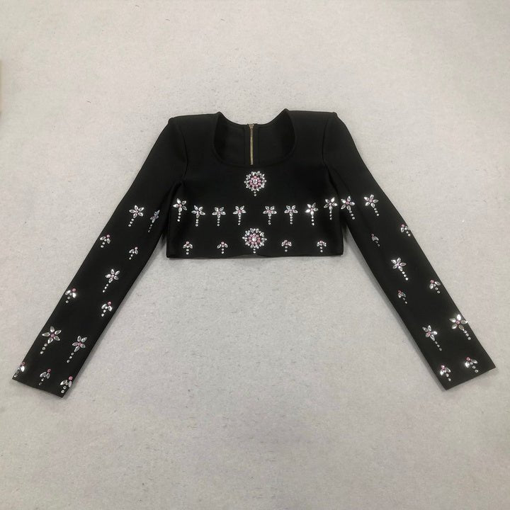 Elaris Black Rhinestone Two - Piece Set by Shine | one set from Luxe Lane | SKU:  | Barcode:  | Options: Black S | Custom Designer Clothes Evening Party Formal Wear Rhinestone Black Long Sleeve Tops and Maxi Skirt Sets Women 2 Piece Outfits