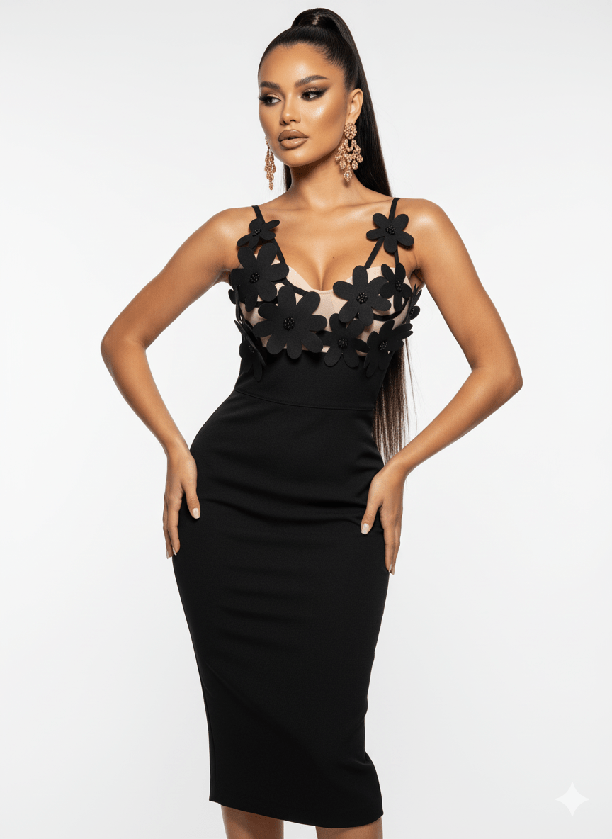 Elegant Black Floral Appliqué Mesh Gown by Shine | from Luxe Lane | Barcode:  | : S(6) | Elegant Black Floral Mesh Gown