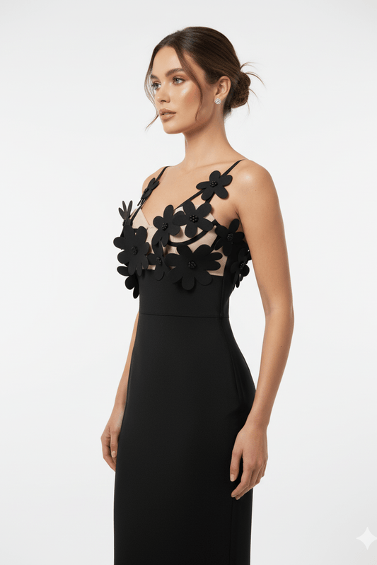 Elegant Black Floral Appliqué Mesh Gown by Barcode:  | Options: Black S(6) | Elegant Black Floral Appliqué Mesh Gown