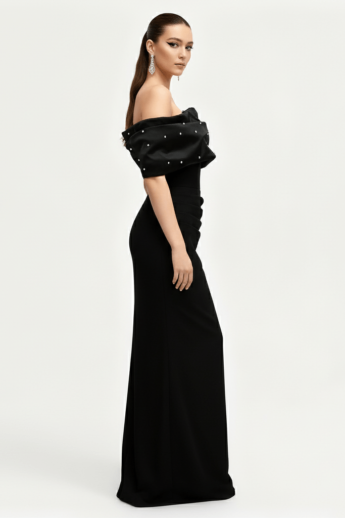 Black Pearl Embellished Draped Evening Gown by Shine | Evening Dress from Luxe Lane | SKU: | Barcode: | Options: Black S(6)