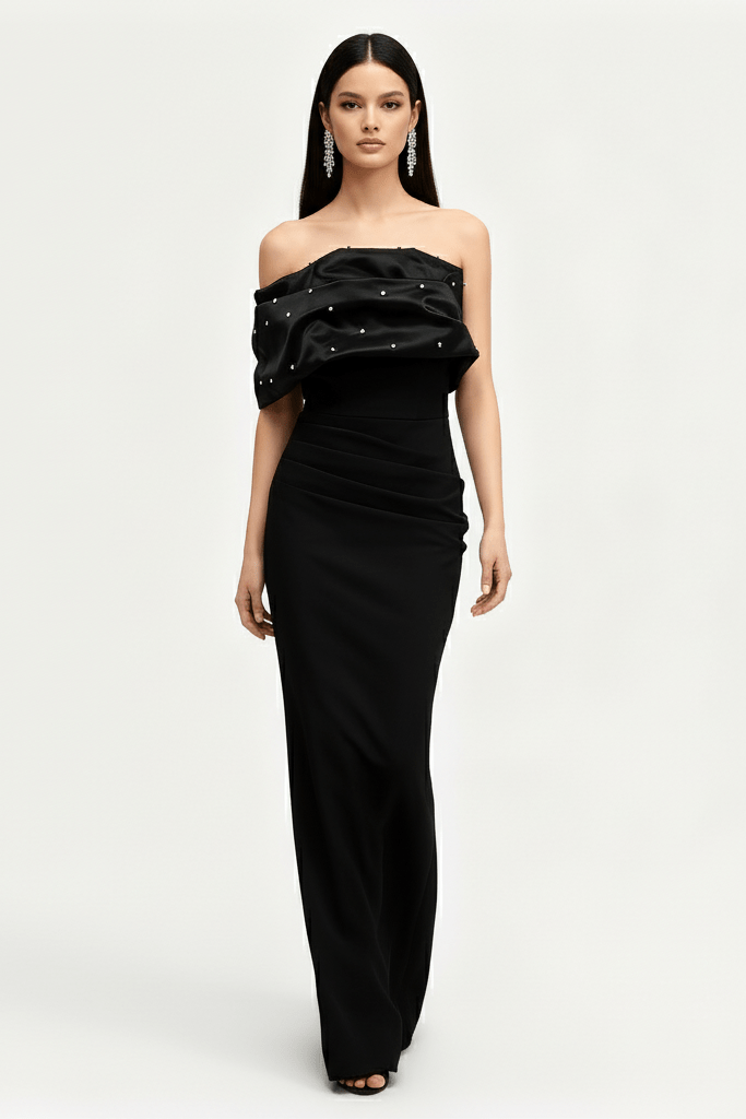 Black Pearl Embellished Draped Evening Gown by Shine | Evening Dress from Luxe Lane | SKU: | Barcode: | Options: Black S(6)