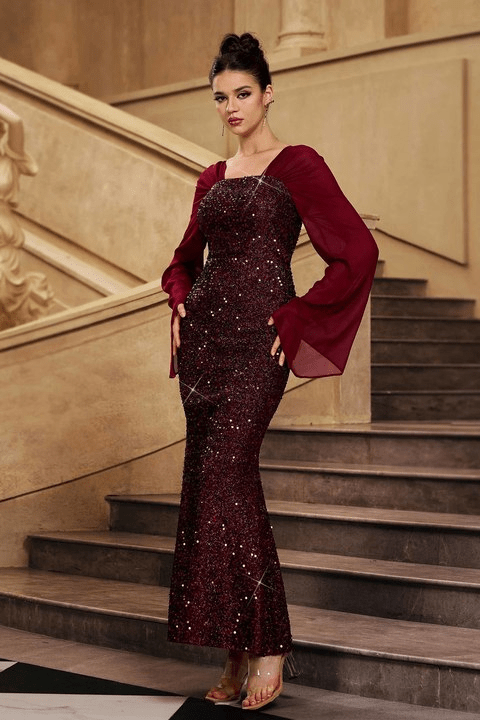 Elegant Burgundy Sequin Evening Gown by Shine | Dresses from Luxe Lane | SKU:  | Barcode:  | Options: Burgundy S(6) | Elegant Burgundy Sequin Evening Gown Women Long Sleeve Formal Maxi Dress Luxury Sparkly Mermaid Prom Wedding Guest Party Dresses