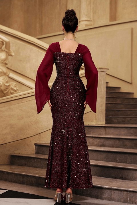 Elegant Burgundy Sequin Evening Gown by Shine | Dresses from Luxe Lane | SKU:  | Barcode:  | Options: Burgundy S(6) | Elegant Burgundy Sequin Evening Gown Women Long Sleeve Formal Maxi Dress Luxury Sparkly Mermaid Prom Wedding Guest Party Dresses