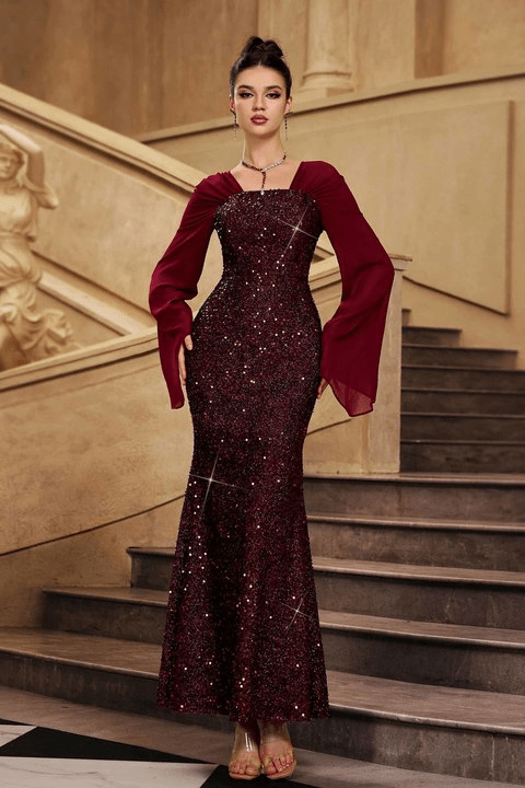 Elegant Burgundy Sequin Evening Gown by Shine | Dresses from Luxe Lane | SKU:  | Barcode:  | Options: Burgundy S(6) | Elegant Burgundy Sequin Evening Gown Women Long Sleeve Formal Maxi Dress Luxury Sparkly Mermaid Prom Wedding Guest Party Dresses