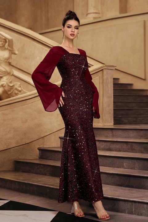 Elegant Burgundy Sequin Evening Gown by Shine | Dresses from Luxe Lane | SKU:  | Barcode:  | Options: Burgundy S(6) | Elegant Burgundy Sequin Evening Gown Women Long Sleeve Formal Maxi Dress Luxury Sparkly Mermaid Prom Wedding Guest Party Dresses