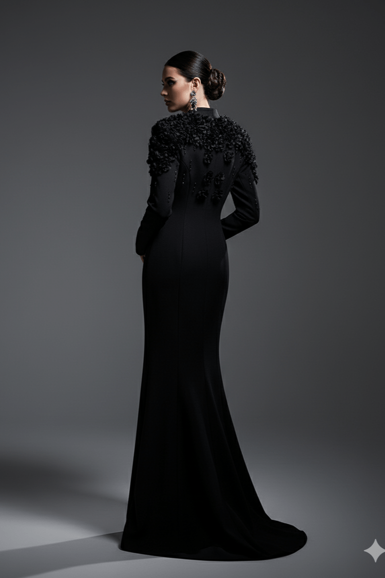 Elegant Evening Dress by Luxe Lane | from Luxe Lane | SKU:  | Barcode:  | Options: Black S | Woman wearing a black evening gown with floral details on a gray background