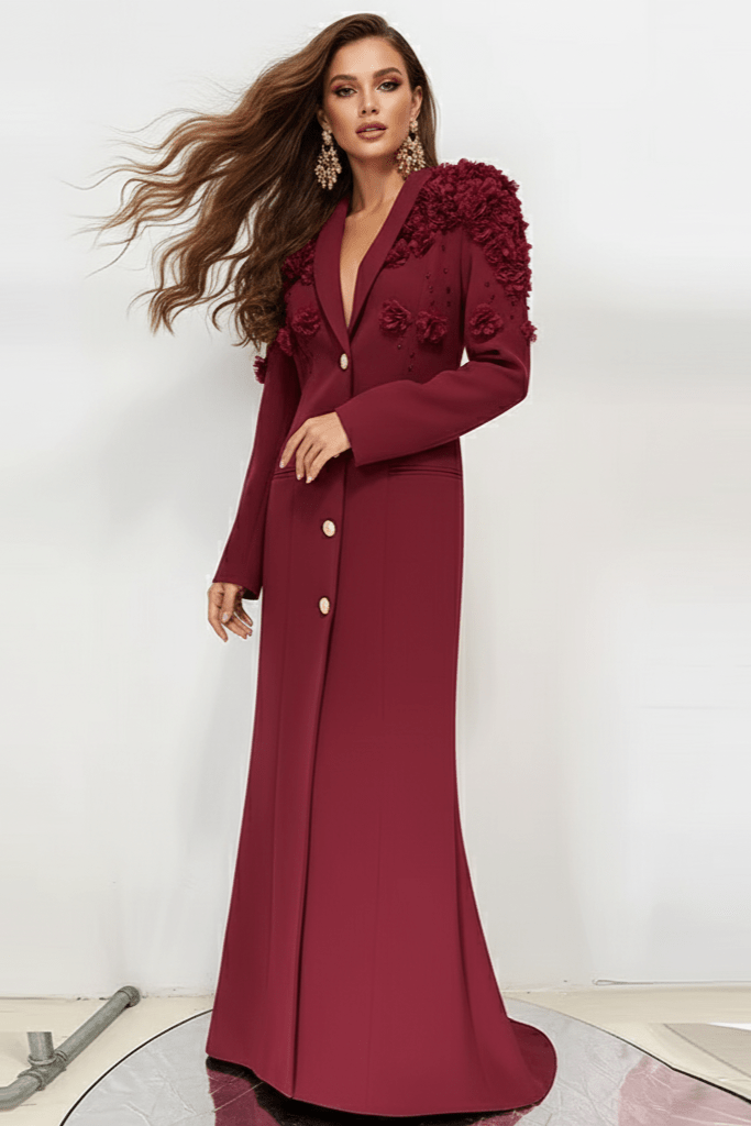 Elegant Evening Dress by Luxe Lane | from Luxe Lane | SKU:  | Barcode:  | Options: Black S | Woman wearing a burgundy dress with floral details on a white background