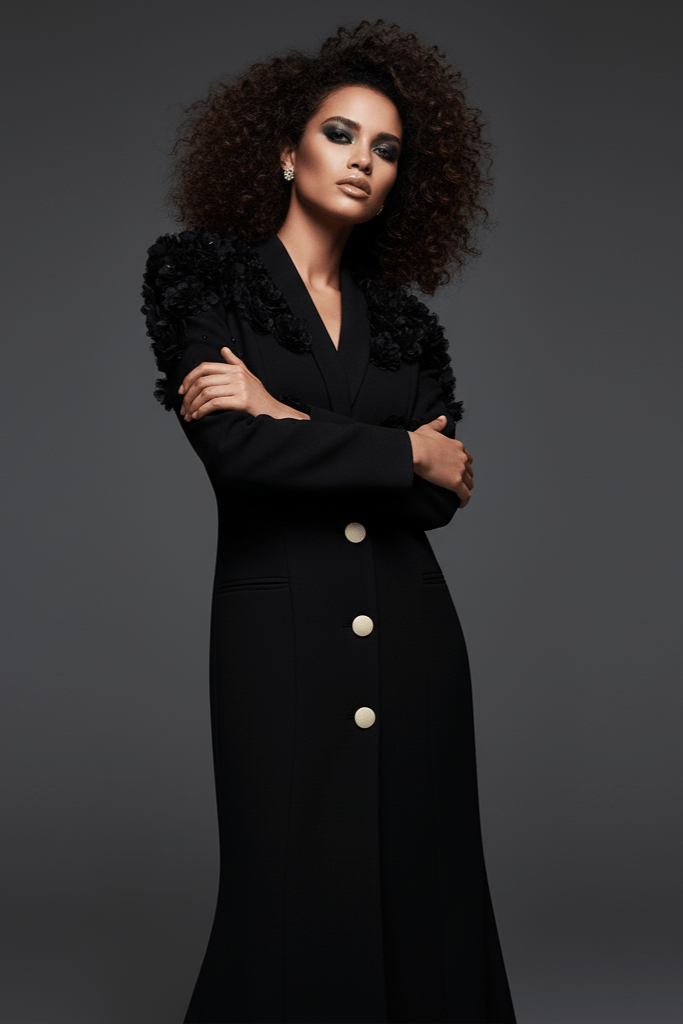 Elegant Evening Dress by Luxe Lane | from Luxe Lane | SKU:  | Barcode:  | Options: Black S | Woman wearing a black coat with white buttons against a dark background