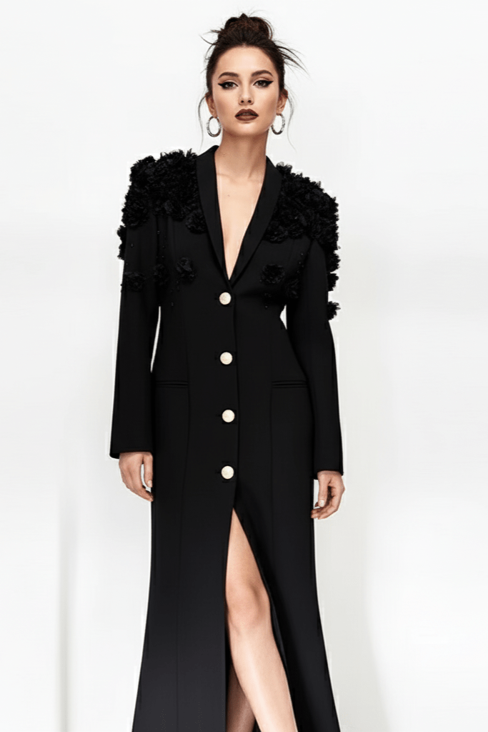 Elegant Evening Dress by Luxe Lane | from Luxe Lane | SKU:  | Barcode:  | Options: Black S | Woman wearing a black dress with ruffled shoulders on a white background